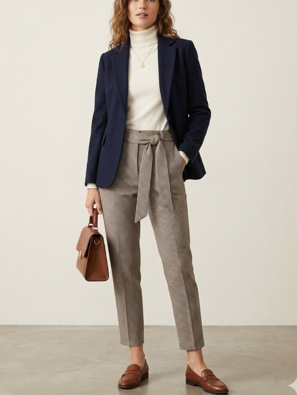 RW&CO Checkered Office Pants Tie Belt Tapered Ankled Neutral Color